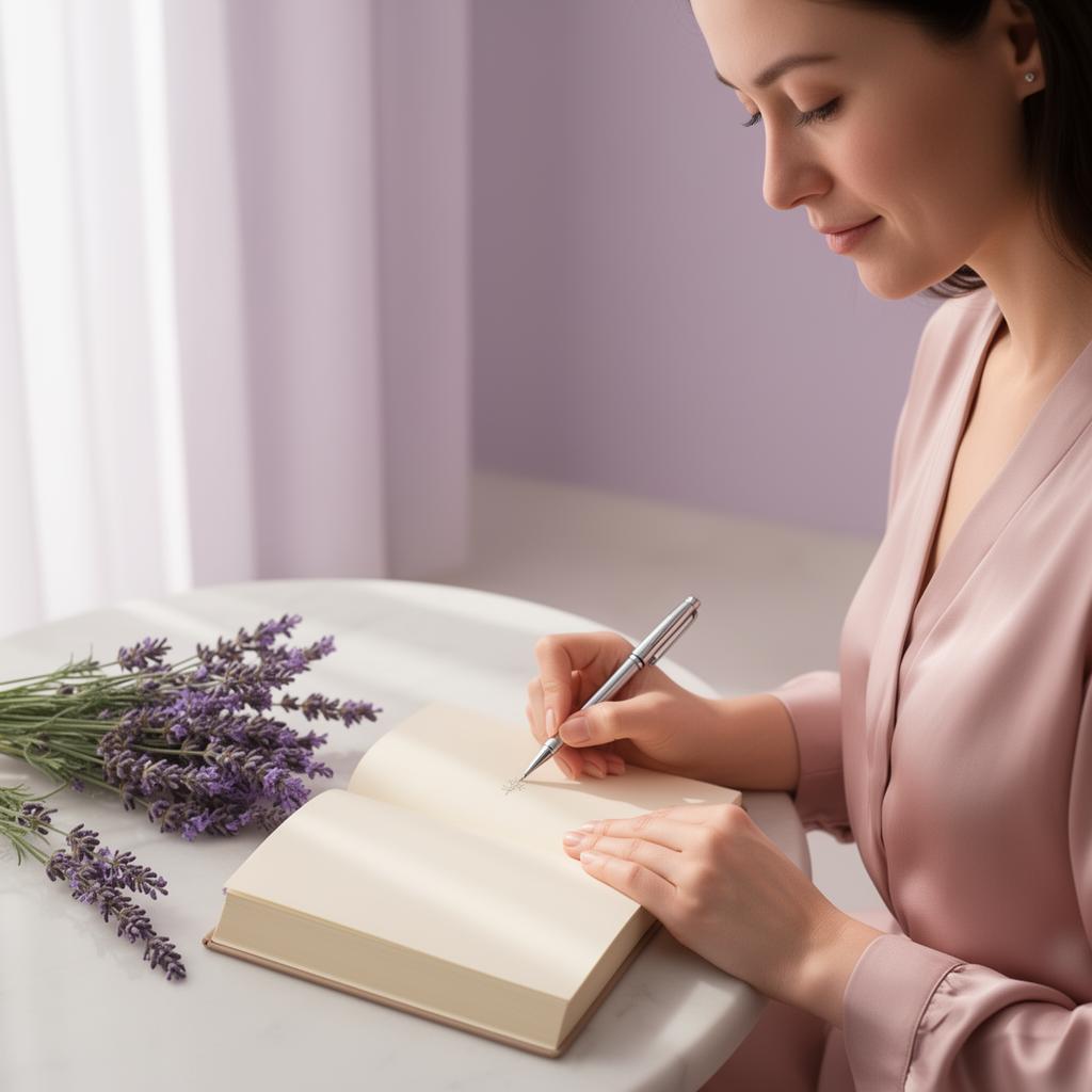 Woman journaling slowly in soft morning light