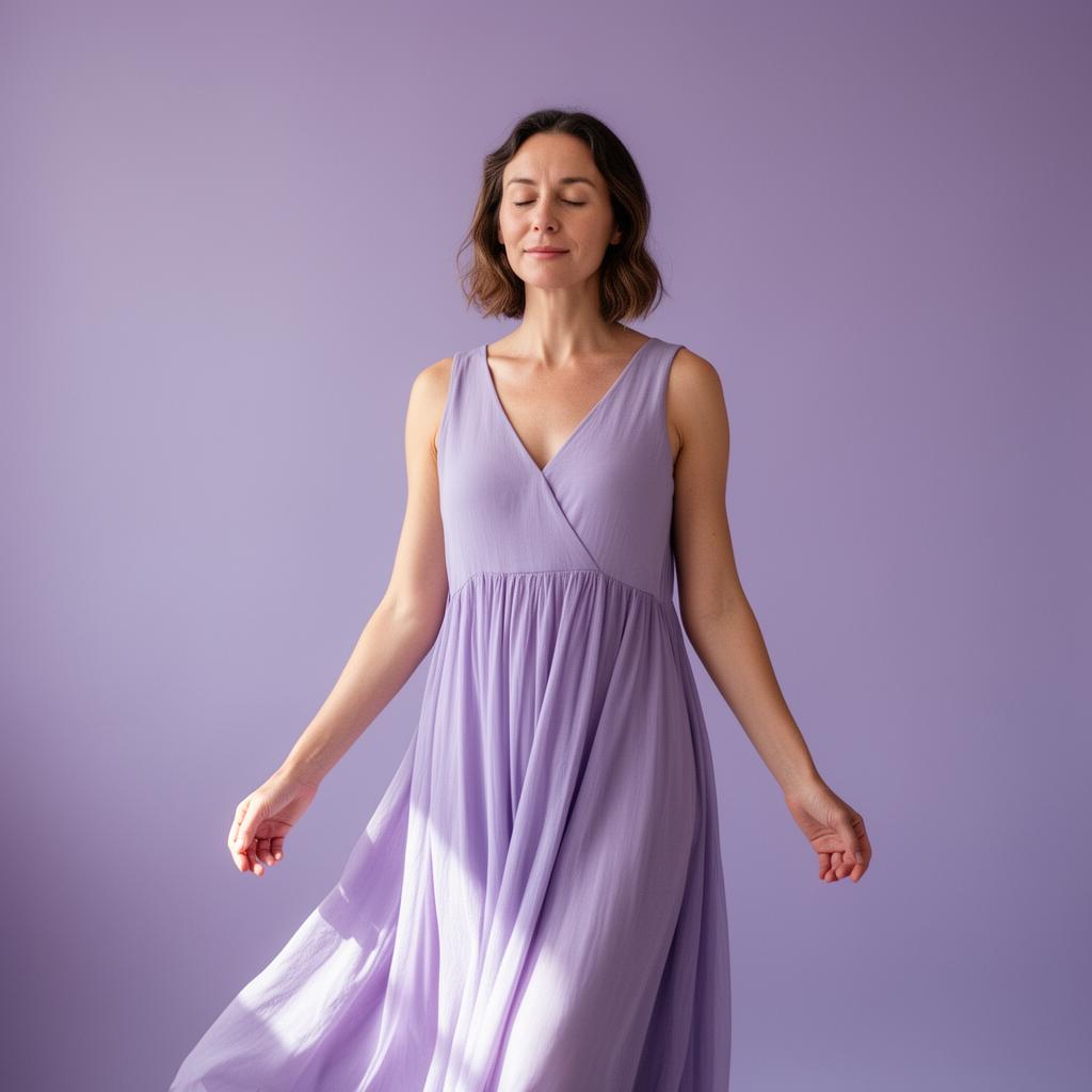 Woman in a flowing lavender dress, arms relaxed, gently letting go